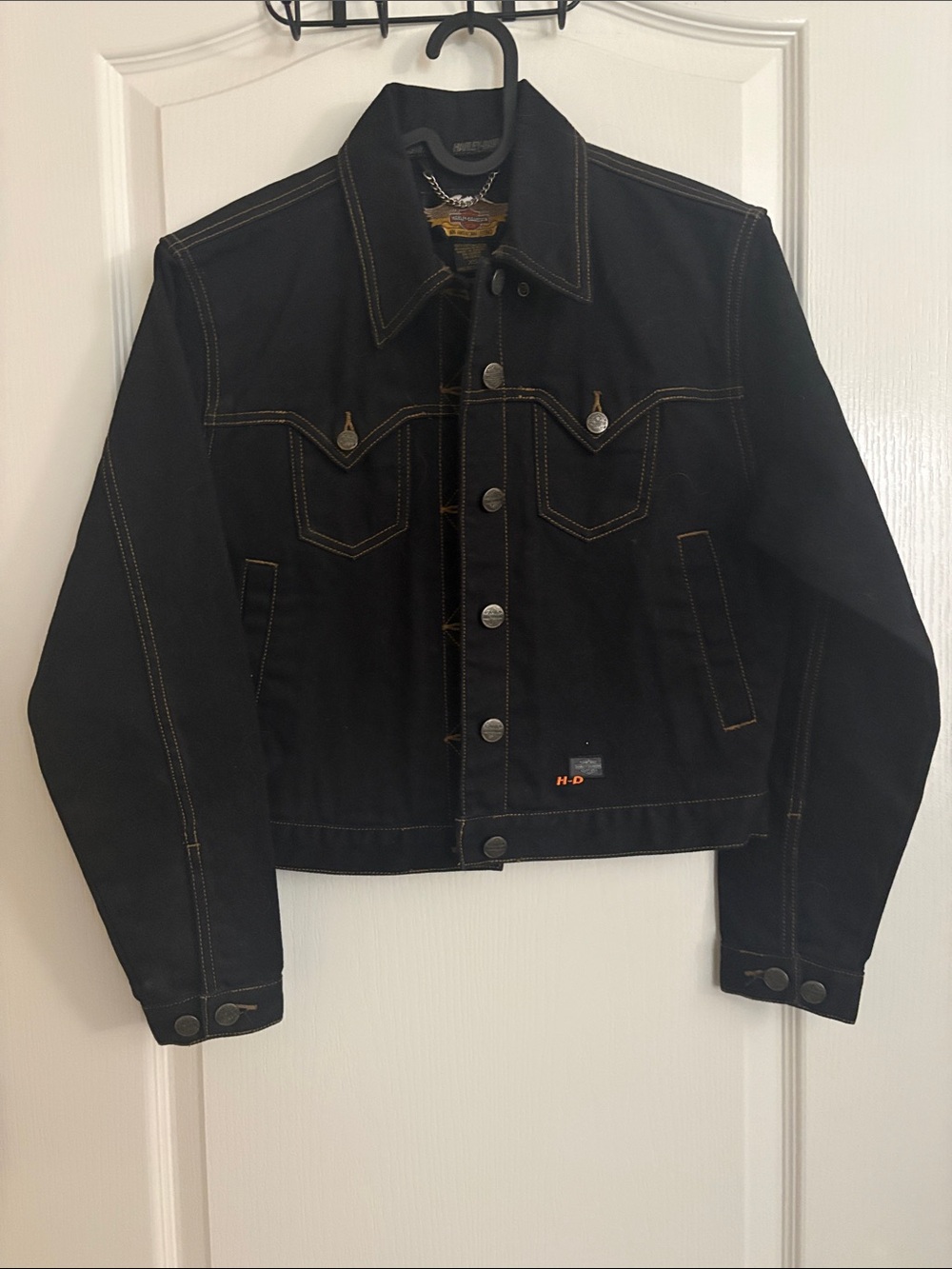Harley-Davidson Black Denim Cropped Jacket with Contrast Stitching